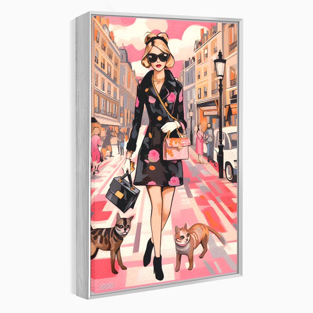 Tablou Canvas Premium LuxCanva® C1151, Lady Walking With Cats , Culori, Fashion, Animals, Beauty, Living Room, Bar, Relaxare, Culori Vibrante