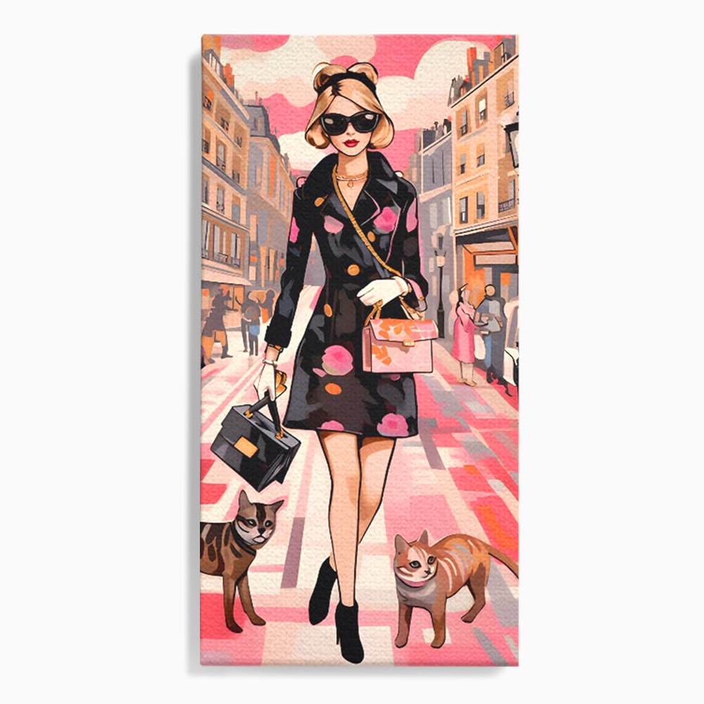 Tablou Canvas Premium LuxCanva® C1151, Lady Walking With Cats , Culori, Fashion, Animals, Beauty, Living Room, Bar, Relaxare, Culori Vibrante