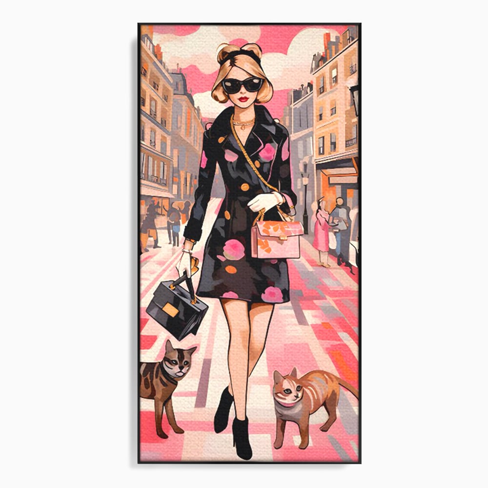 Tablou Canvas Premium LuxCanva® C1151, Lady Walking With Cats , Culori, Fashion, Animals, Beauty, Living Room, Bar, Relaxare, Culori Vibrante