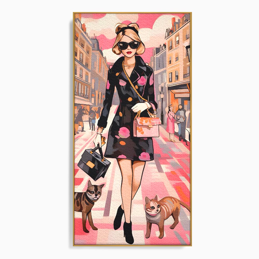 Tablou Canvas Premium LuxCanva® C1151, Lady Walking With Cats , Culori, Fashion, Animals, Beauty, Living Room, Bar, Relaxare, Culori Vibrante