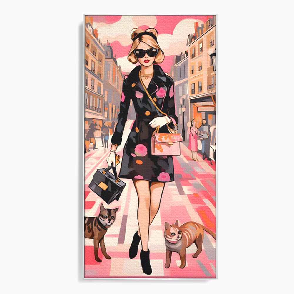 Tablou Canvas Premium LuxCanva® C1151, Lady Walking With Cats , Culori, Fashion, Animals, Beauty, Living Room, Bar, Relaxare, Culori Vibrante
