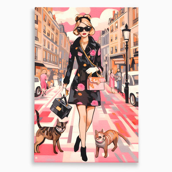 Tablou Canvas Premium LuxCanva® C1151, Lady Walking With Cats , Culori, Fashion, Animals, Beauty, Living Room, Bar, Relaxare, Culori Vibrante