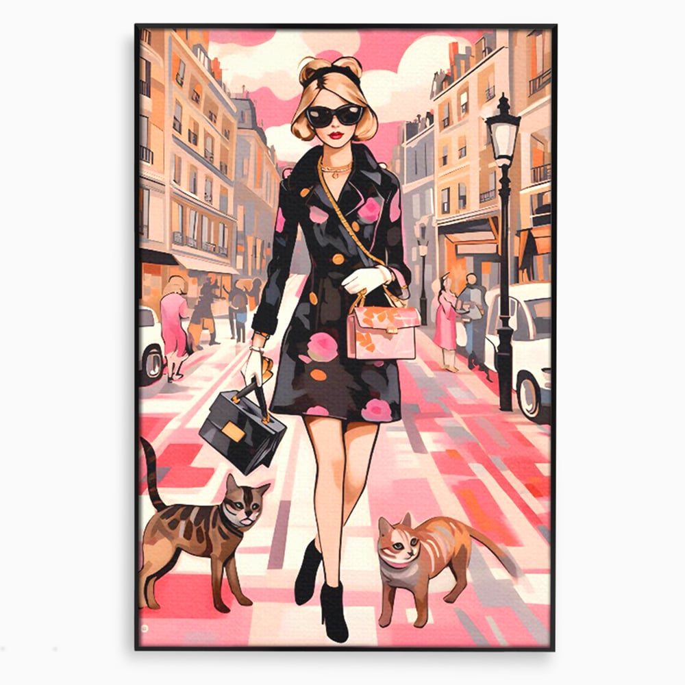 Tablou Canvas Premium LuxCanva® C1151, Lady Walking With Cats , Culori, Fashion, Animals, Beauty, Living Room, Bar, Relaxare, Culori Vibrante
