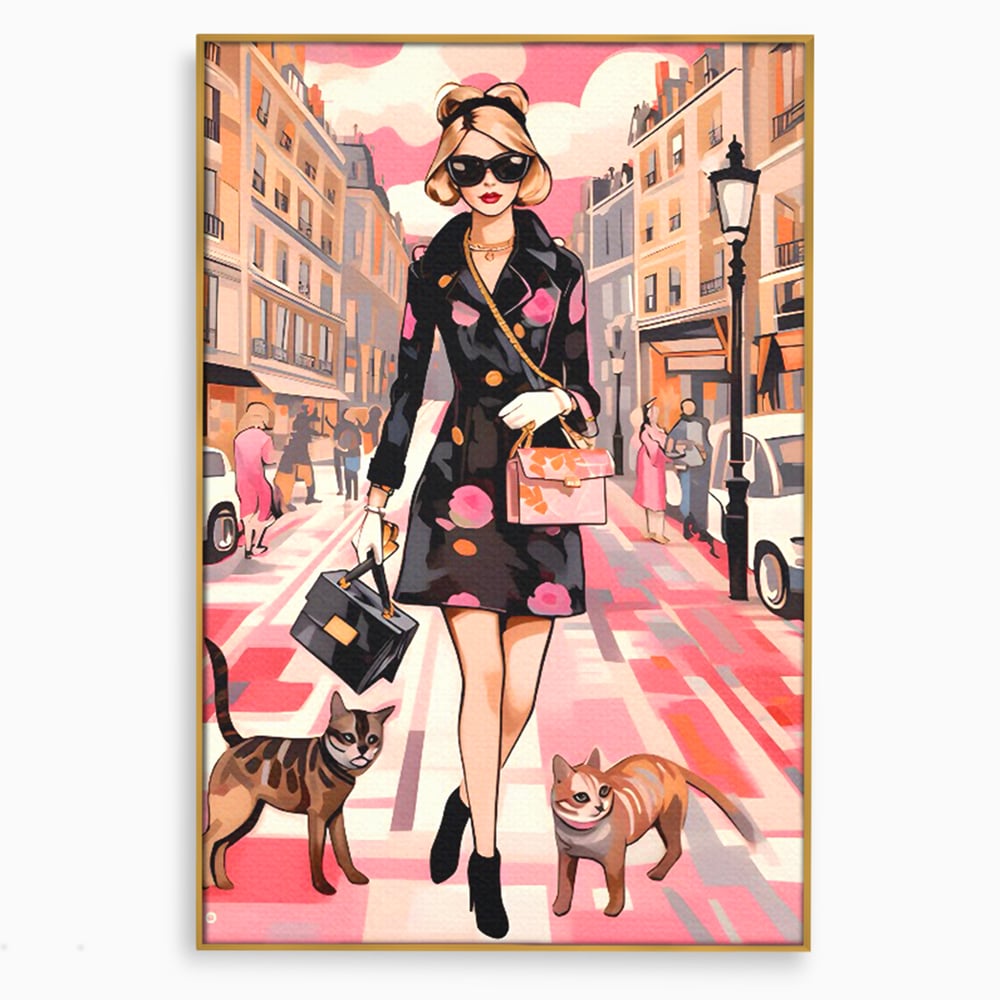 Tablou Canvas Premium LuxCanva® C1151, Lady Walking With Cats , Culori, Fashion, Animals, Beauty, Living Room, Bar, Relaxare, Culori Vibrante