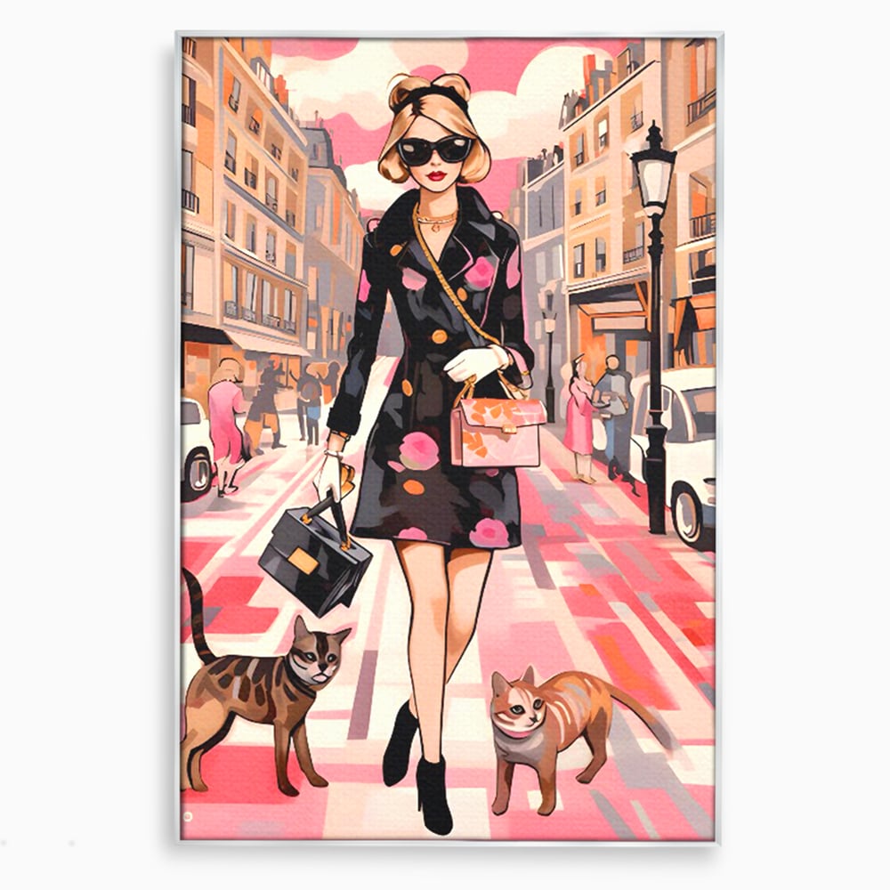 Tablou Canvas Premium LuxCanva® C1151, Lady Walking With Cats , Culori, Fashion, Animals, Beauty, Living Room, Bar, Relaxare, Culori Vibrante