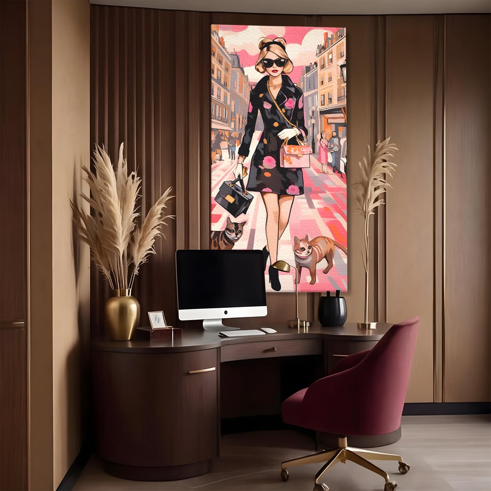 Tablou Canvas Premium LuxCanva® C1151, Lady Walking With Cats , Culori, Fashion, Animals, Beauty, Living Room, Bar, Relaxare, Culori Vibrante