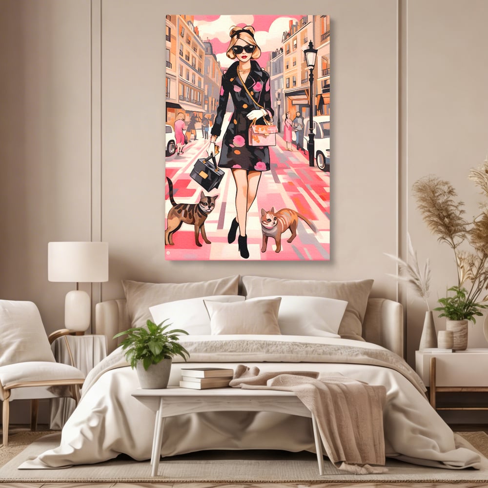 Tablou Canvas Premium LuxCanva® C1151, Lady Walking With Cats , Culori, Fashion, Animals, Beauty, Living Room, Bar, Relaxare, Culori Vibrante