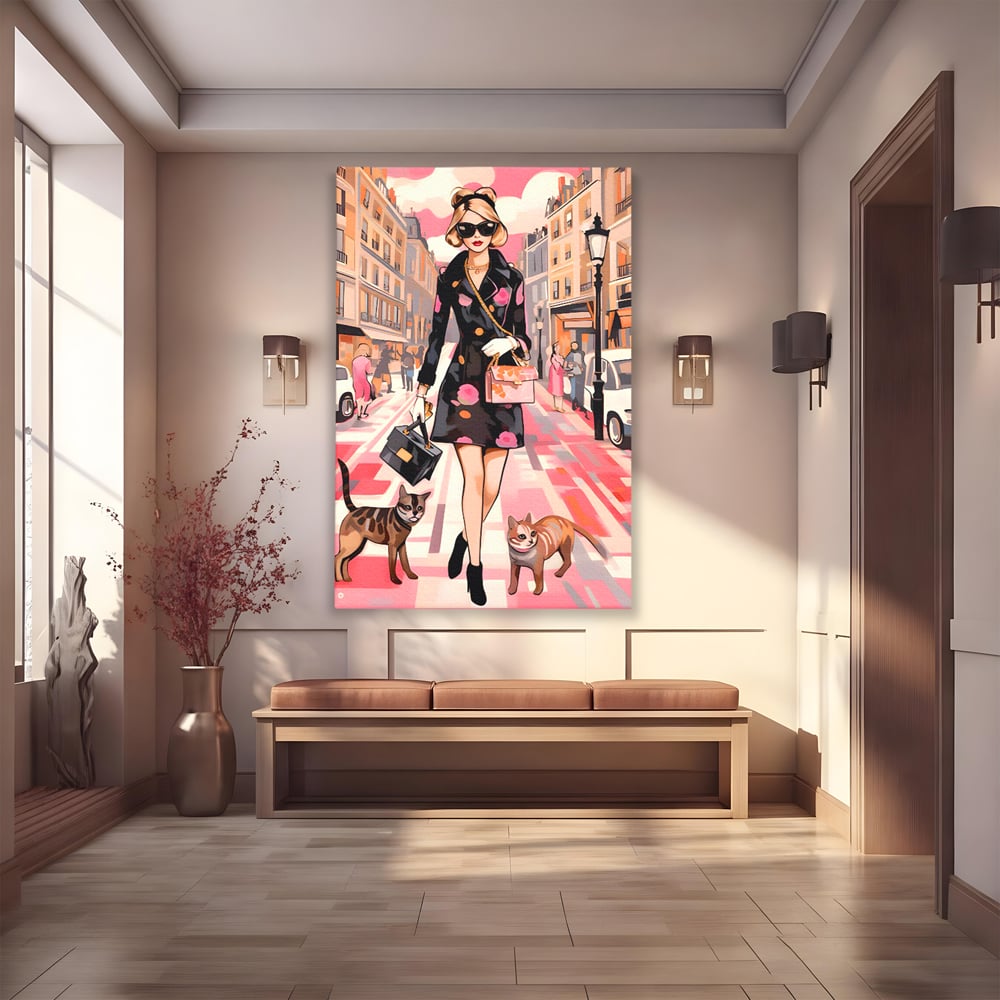 Tablou Canvas Premium LuxCanva® C1151, Lady Walking With Cats , Culori, Fashion, Animals, Beauty, Living Room, Bar, Relaxare, Culori Vibrante