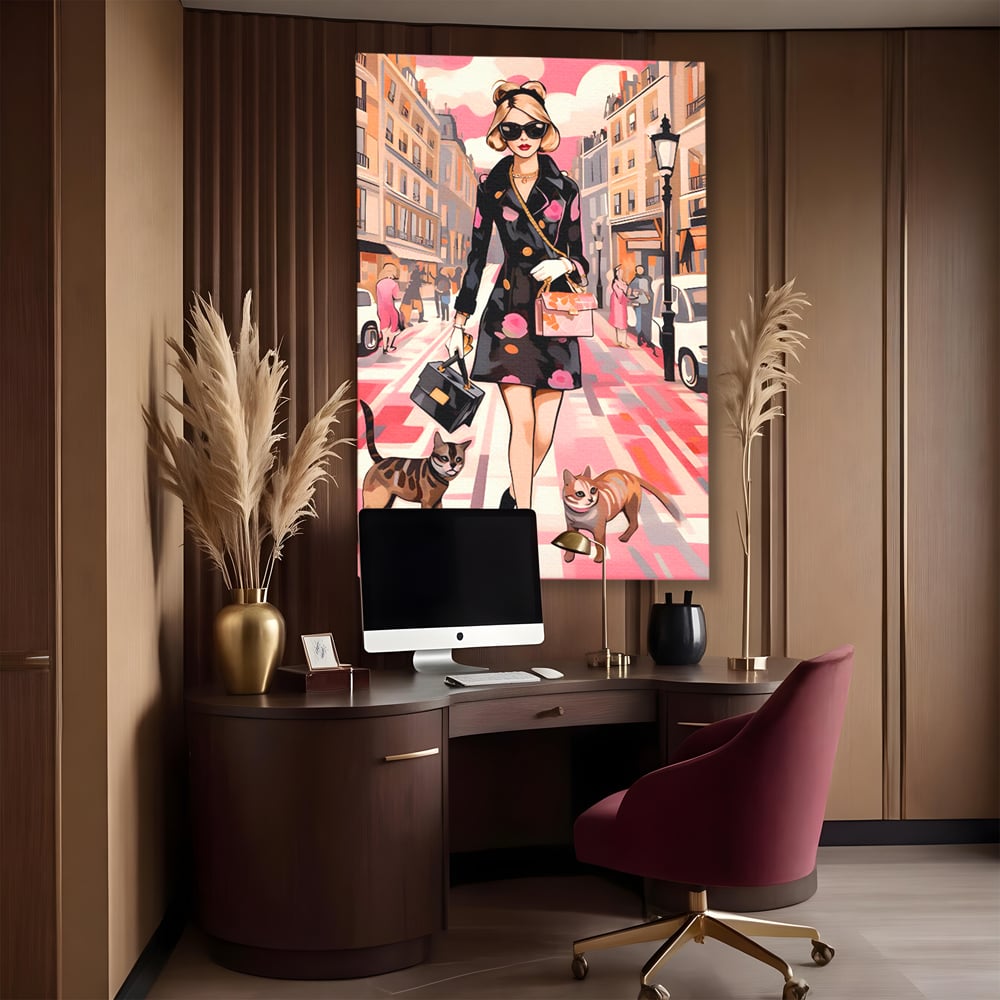 Tablou Canvas Premium LuxCanva® C1151, Lady Walking With Cats , Culori, Fashion, Animals, Beauty, Living Room, Bar, Relaxare, Culori Vibrante