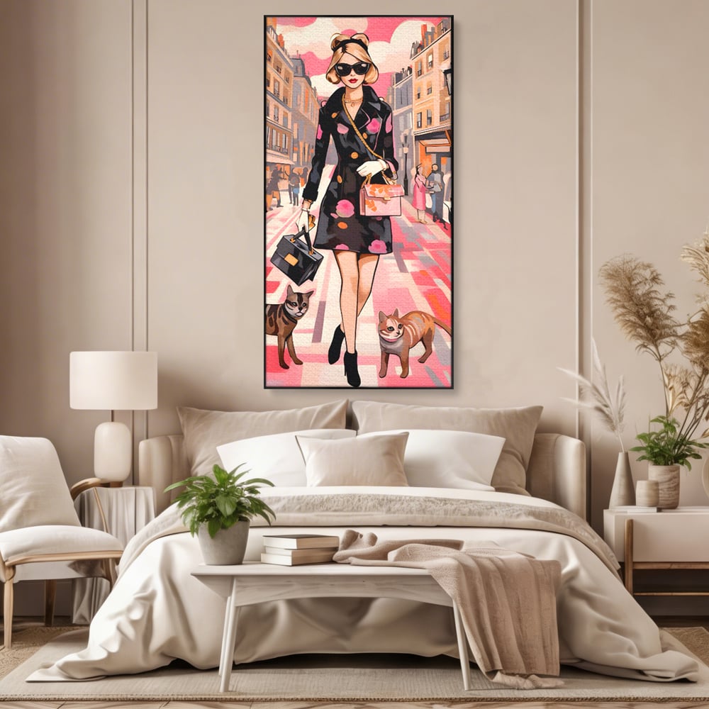 Tablou Canvas Premium LuxCanva® C1151, Lady Walking With Cats , Culori, Fashion, Animals, Beauty, Living Room, Bar, Relaxare, Culori Vibrante