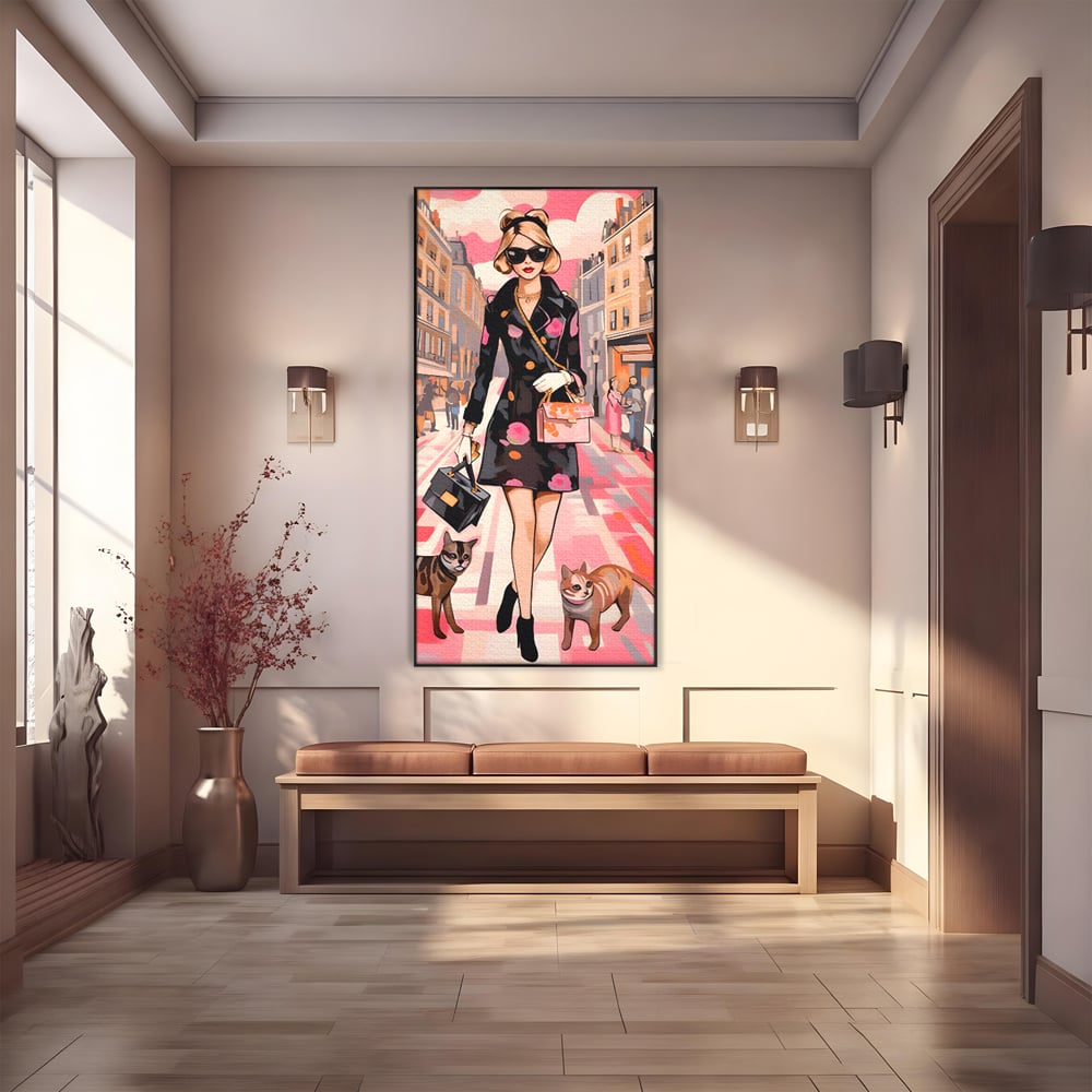 Tablou Canvas Premium LuxCanva® C1151, Lady Walking With Cats , Culori, Fashion, Animals, Beauty, Living Room, Bar, Relaxare, Culori Vibrante