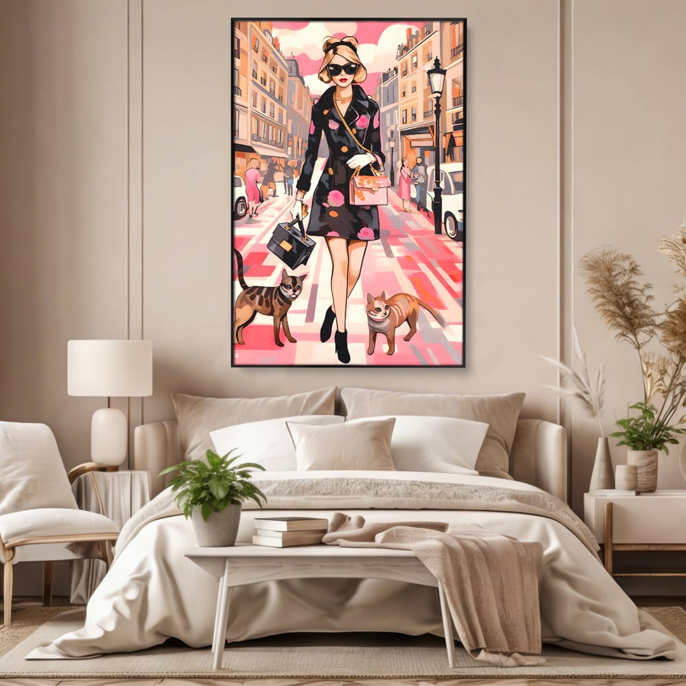 Tablou Canvas Premium LuxCanva® C1151, Lady Walking With Cats , Culori, Fashion, Animals, Beauty, Living Room, Bar, Relaxare, Culori Vibrante