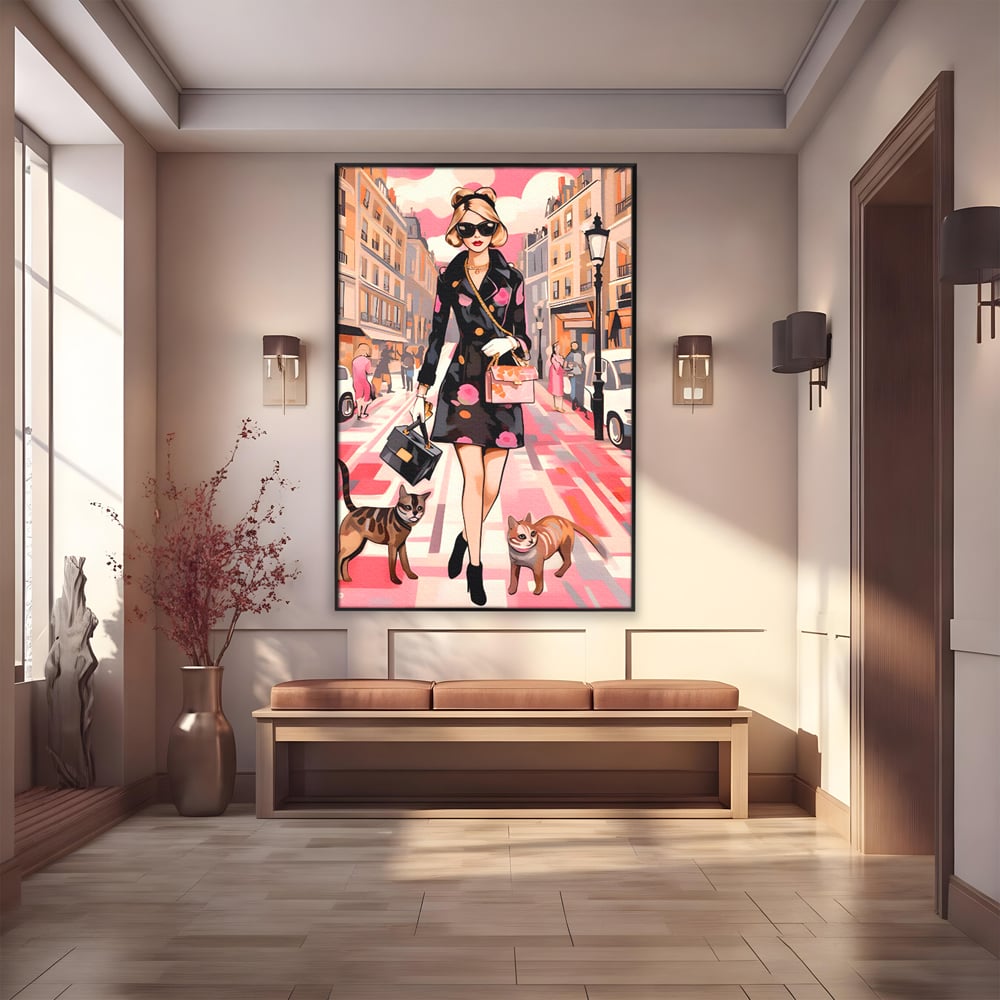 Tablou Canvas Premium LuxCanva® C1151, Lady Walking With Cats , Culori, Fashion, Animals, Beauty, Living Room, Bar, Relaxare, Culori Vibrante