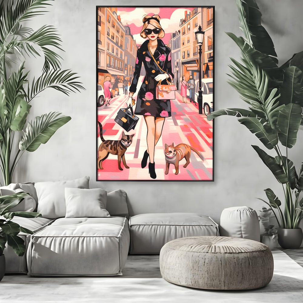 Tablou Canvas Premium LuxCanva® C1151, Lady Walking With Cats , Culori, Fashion, Animals, Beauty, Living Room, Bar, Relaxare, Culori Vibrante