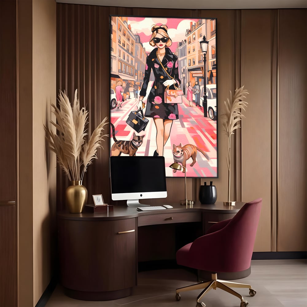Tablou Canvas Premium LuxCanva® C1151, Lady Walking With Cats , Culori, Fashion, Animals, Beauty, Living Room, Bar, Relaxare, Culori Vibrante