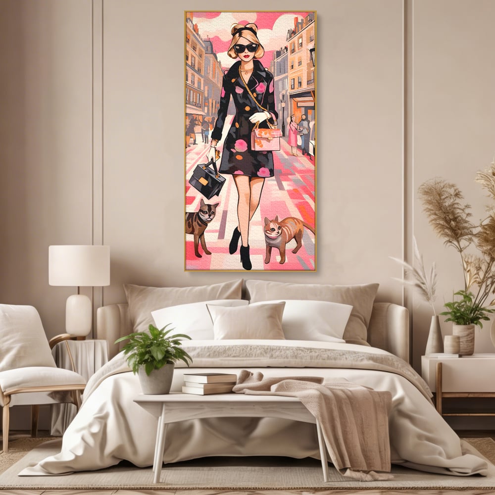 Tablou Canvas Premium LuxCanva® C1151, Lady Walking With Cats , Culori, Fashion, Animals, Beauty, Living Room, Bar, Relaxare, Culori Vibrante