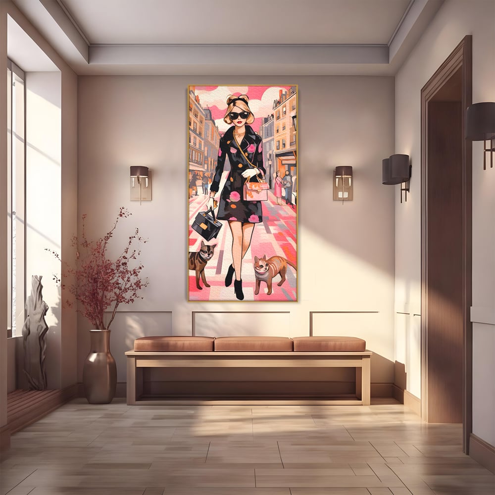 Tablou Canvas Premium LuxCanva® C1151, Lady Walking With Cats , Culori, Fashion, Animals, Beauty, Living Room, Bar, Relaxare, Culori Vibrante