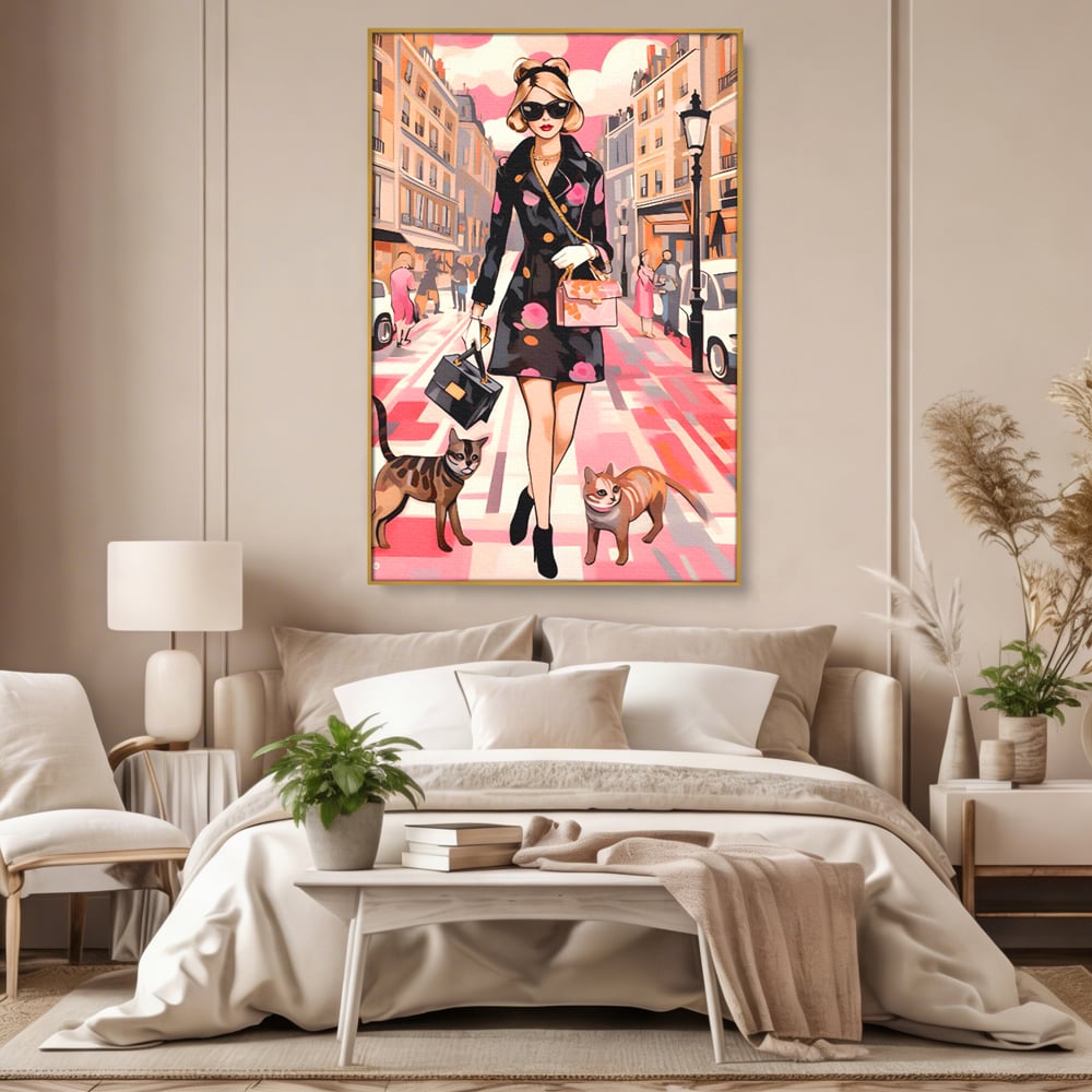Tablou Canvas Premium LuxCanva® C1151, Lady Walking With Cats , Culori, Fashion, Animals, Beauty, Living Room, Bar, Relaxare, Culori Vibrante