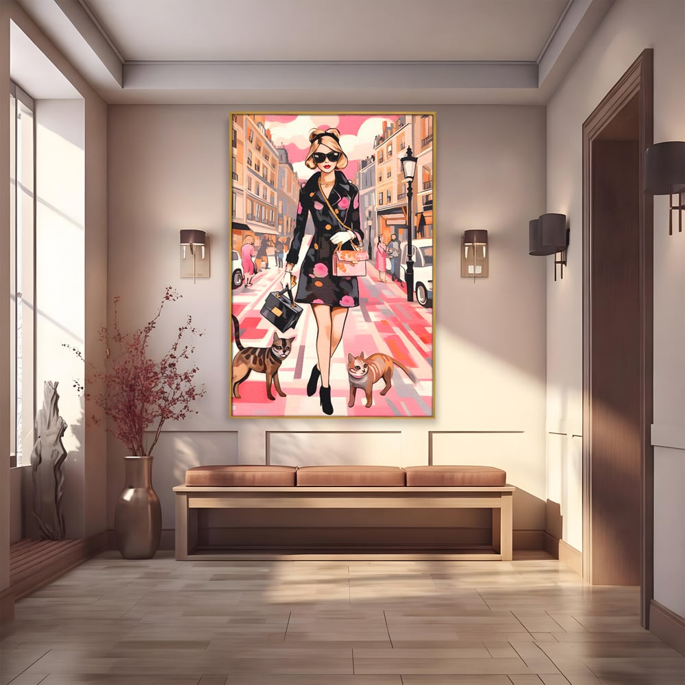 Tablou Canvas Premium LuxCanva® C1151, Lady Walking With Cats , Culori, Fashion, Animals, Beauty, Living Room, Bar, Relaxare, Culori Vibrante