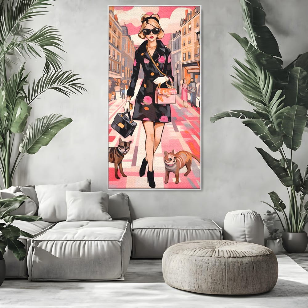 Tablou Canvas Premium LuxCanva® C1151, Lady Walking With Cats , Culori, Fashion, Animals, Beauty, Living Room, Bar, Relaxare, Culori Vibrante