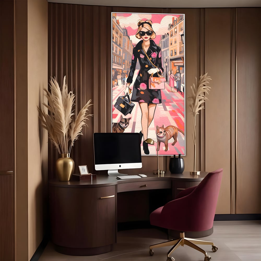 Tablou Canvas Premium LuxCanva® C1151, Lady Walking With Cats , Culori, Fashion, Animals, Beauty, Living Room, Bar, Relaxare, Culori Vibrante