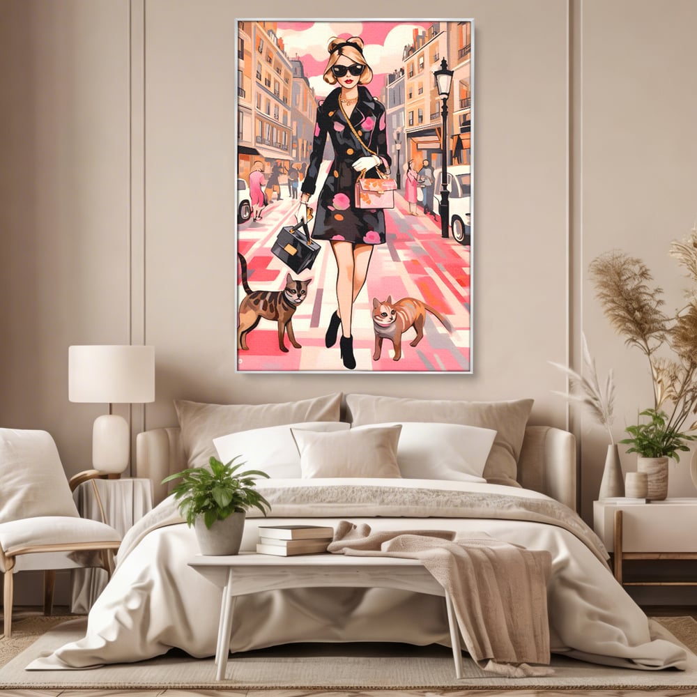 Tablou Canvas Premium LuxCanva® C1151, Lady Walking With Cats , Culori, Fashion, Animals, Beauty, Living Room, Bar, Relaxare, Culori Vibrante