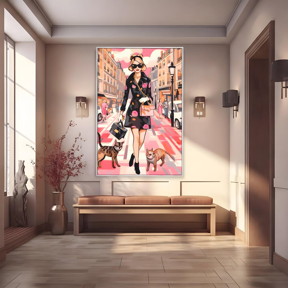 Tablou Canvas Premium LuxCanva® C1151, Lady Walking With Cats , Culori, Fashion, Animals, Beauty, Living Room, Bar, Relaxare, Culori Vibrante