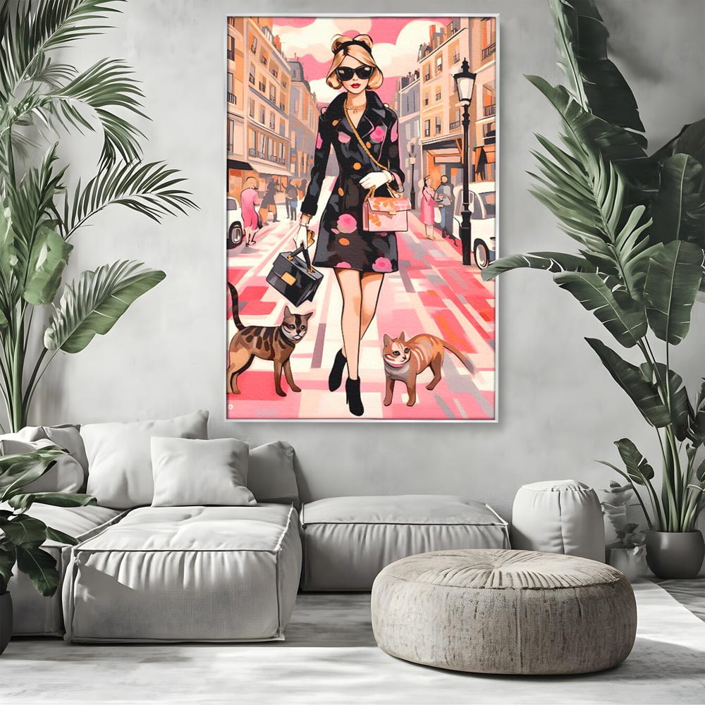 Tablou Canvas Premium LuxCanva® C1151, Lady Walking With Cats , Culori, Fashion, Animals, Beauty, Living Room, Bar, Relaxare, Culori Vibrante