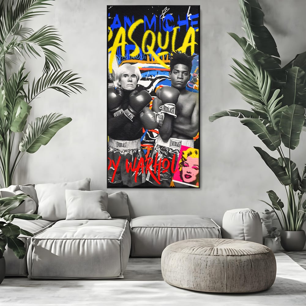 Tablou Canvas Premium LuxCanva® C1153, Basquiat And Warhol Duel , Culori, Icons, Boxing, Game Room, Bar, Relaxare, Culori Vibrante