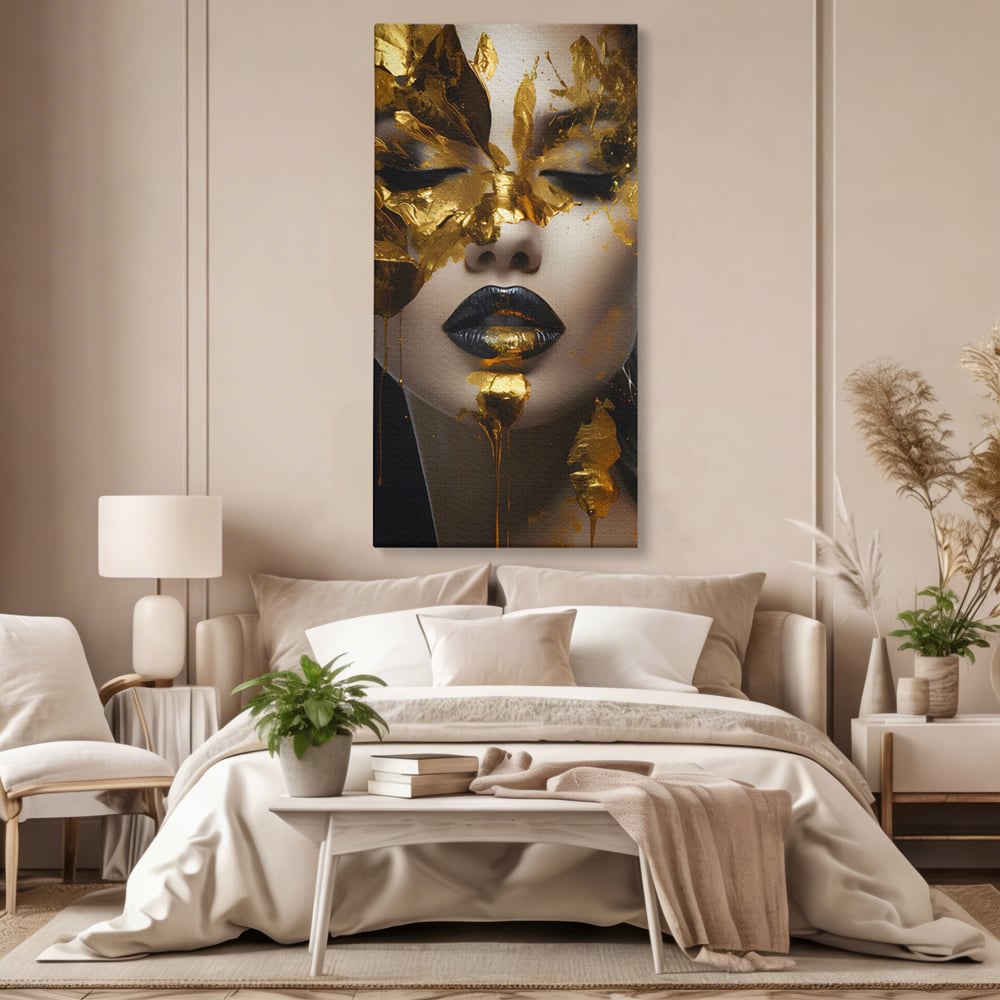 Tablou Canvas Premium LuxCanva® C1156, Pretty Face Covered In Gold ,  Culori, Girl, Beautiful, Living Room, Relaxare, Culori Vibrante