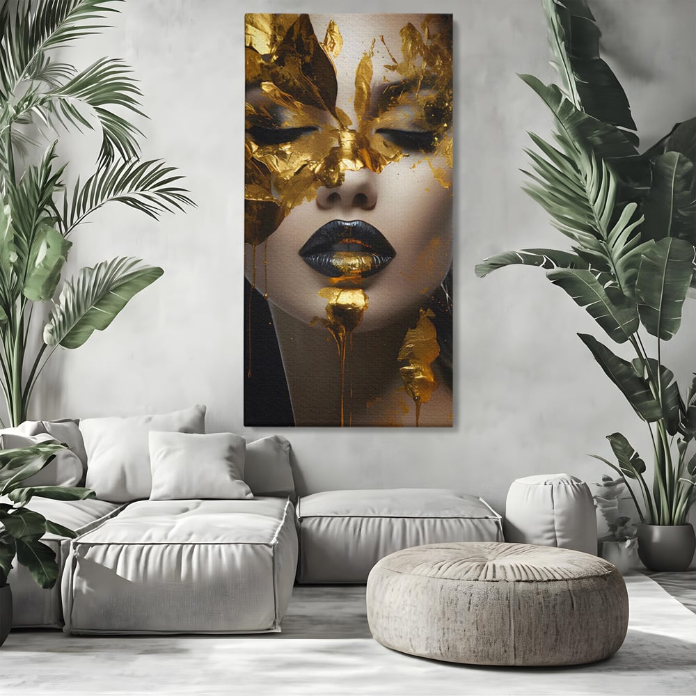 Tablou Canvas Premium LuxCanva® C1156, Pretty Face Covered In Gold ,  Culori, Girl, Beautiful, Living Room, Relaxare, Culori Vibrante