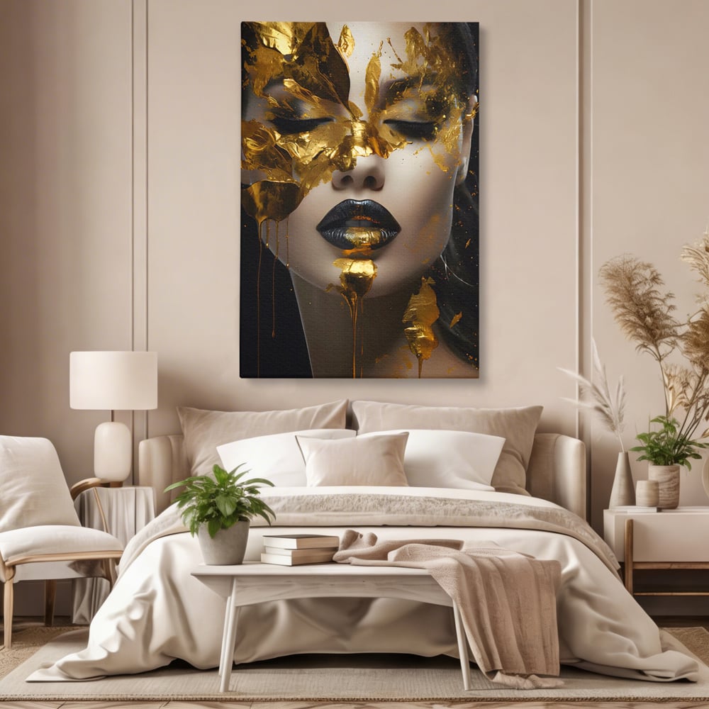 Tablou Canvas Premium LuxCanva® C1156, Pretty Face Covered In Gold ,  Culori, Girl, Beautiful, Living Room, Relaxare, Culori Vibrante