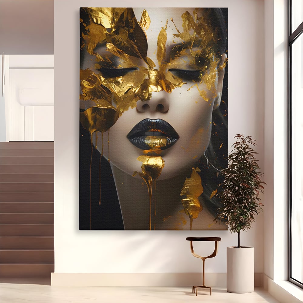 Tablou Canvas Premium LuxCanva® C1156, Pretty Face Covered In Gold ,  Culori, Girl, Beautiful, Living Room, Relaxare, Culori Vibrante