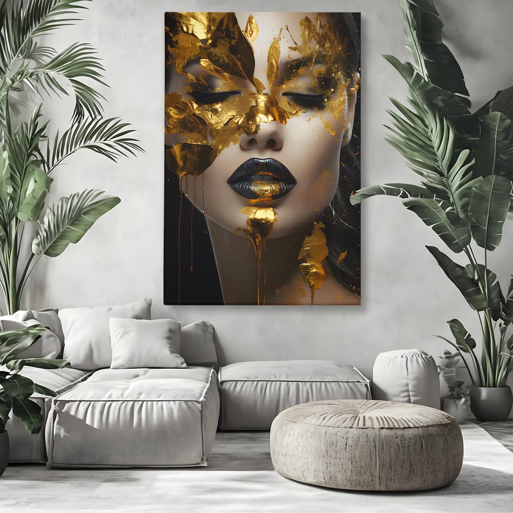 Tablou Canvas Premium LuxCanva® C1156, Pretty Face Covered In Gold ,  Culori, Girl, Beautiful, Living Room, Relaxare, Culori Vibrante