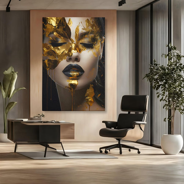 Tablou Canvas Premium LuxCanva® C1156, Pretty Face Covered In Gold ,  Culori, Girl, Beautiful, Living Room, Relaxare, Culori Vibrante