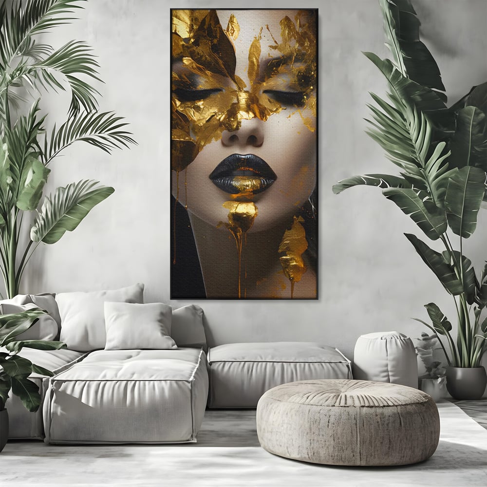 Tablou Canvas Premium LuxCanva® C1156, Pretty Face Covered In Gold ,  Culori, Girl, Beautiful, Living Room, Relaxare, Culori Vibrante