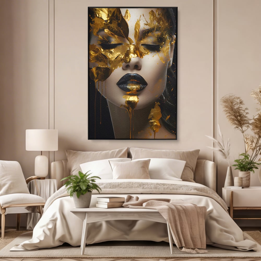 Tablou Canvas Premium LuxCanva® C1156, Pretty Face Covered In Gold ,  Culori, Girl, Beautiful, Living Room, Relaxare, Culori Vibrante