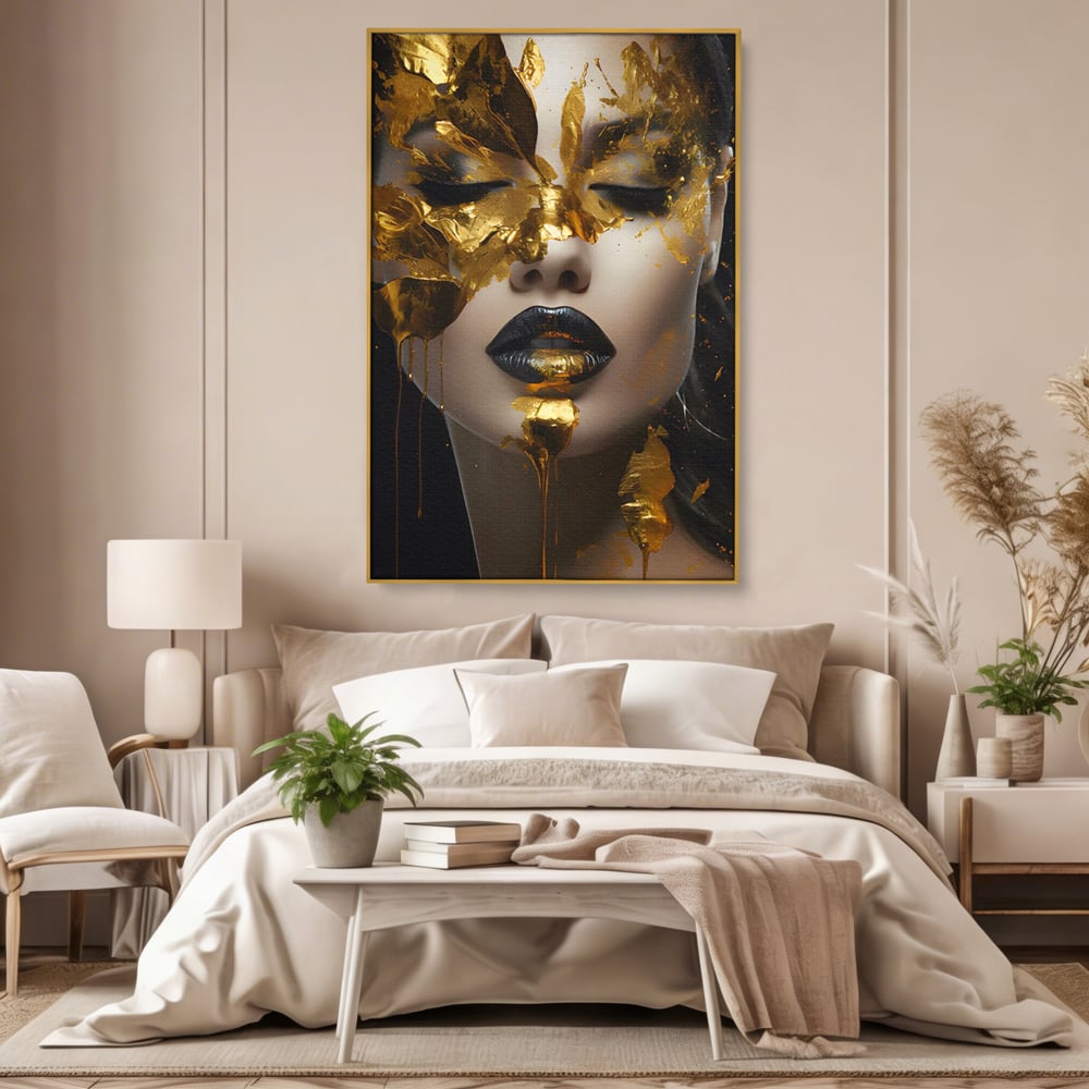 Tablou Canvas Premium LuxCanva® C1156, Pretty Face Covered In Gold ,  Culori, Girl, Beautiful, Living Room, Relaxare, Culori Vibrante