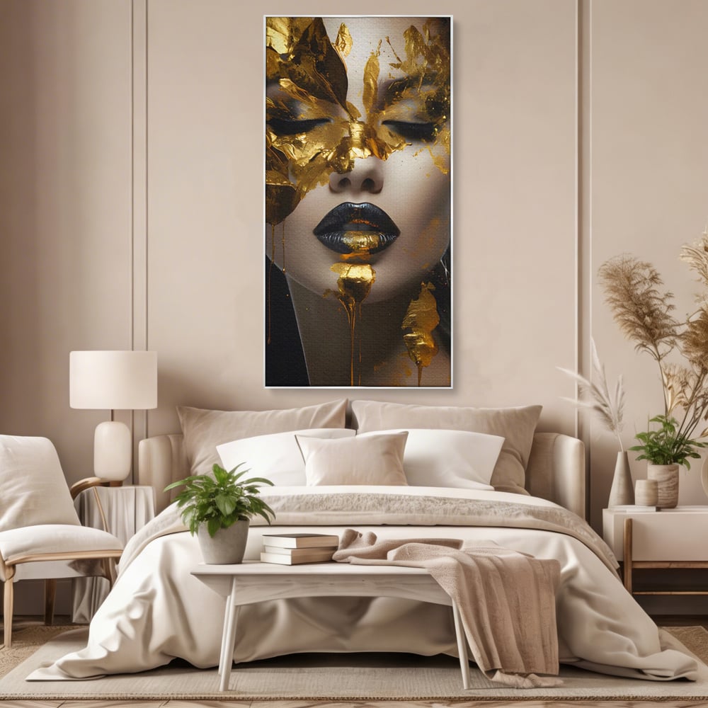 Tablou Canvas Premium LuxCanva® C1156, Pretty Face Covered In Gold ,  Culori, Girl, Beautiful, Living Room, Relaxare, Culori Vibrante