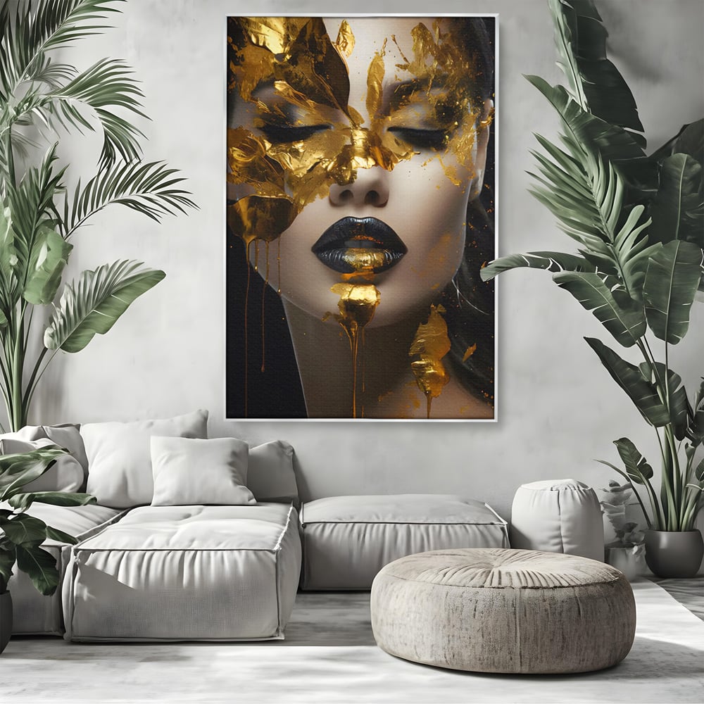 Tablou Canvas Premium LuxCanva® C1156, Pretty Face Covered In Gold ,  Culori, Girl, Beautiful, Living Room, Relaxare, Culori Vibrante