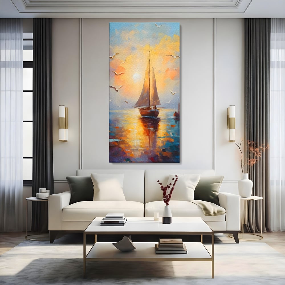 Tablou Canvas Premium, LuxCanva® C1157, Sailing Morning, Culori, Nature, Seaguls, Sea, Living Room, Relaxare, Culori Vibrante