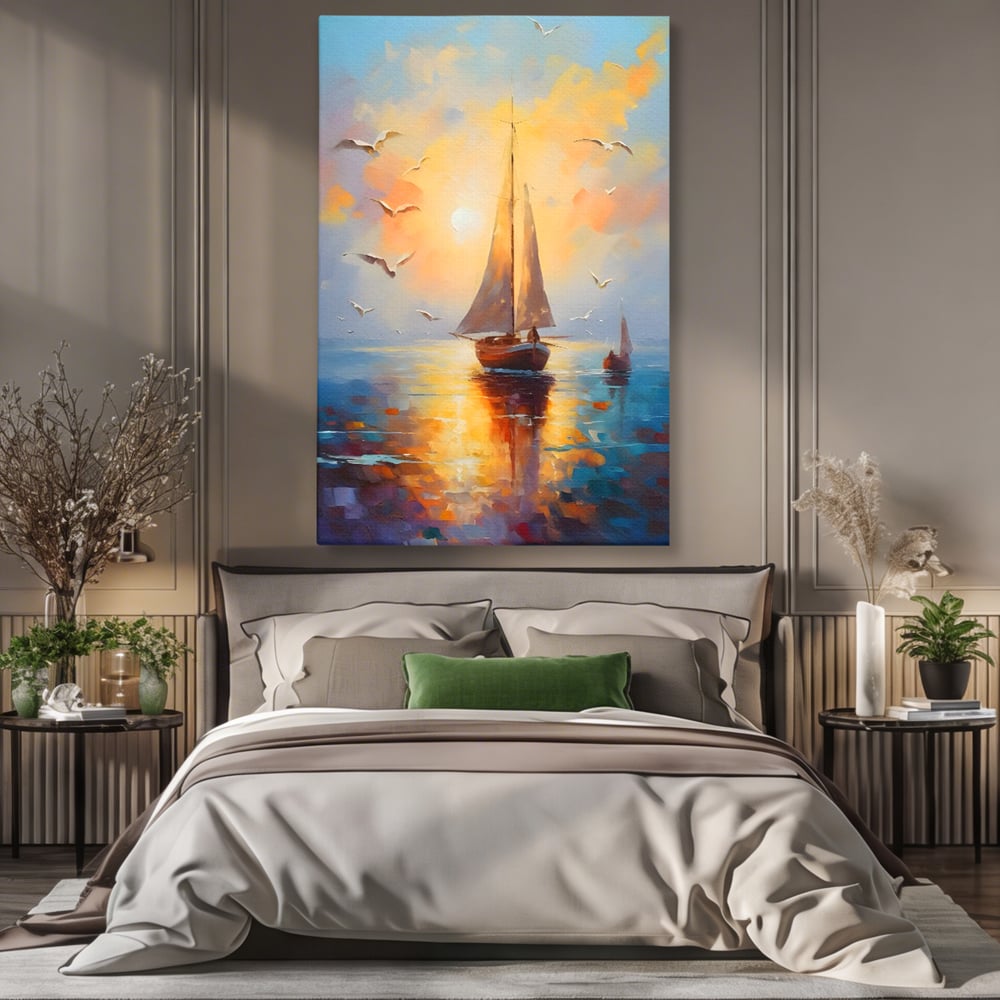 Tablou Canvas Premium, LuxCanva® C1157, Sailing Morning, Culori, Nature, Seaguls, Sea, Living Room, Relaxare, Culori Vibrante
