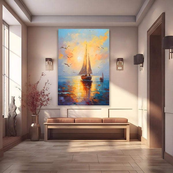 Tablou Canvas Premium, LuxCanva® C1157, Sailing Morning, Culori, Nature, Seaguls, Sea, Living Room, Relaxare, Culori Vibrante