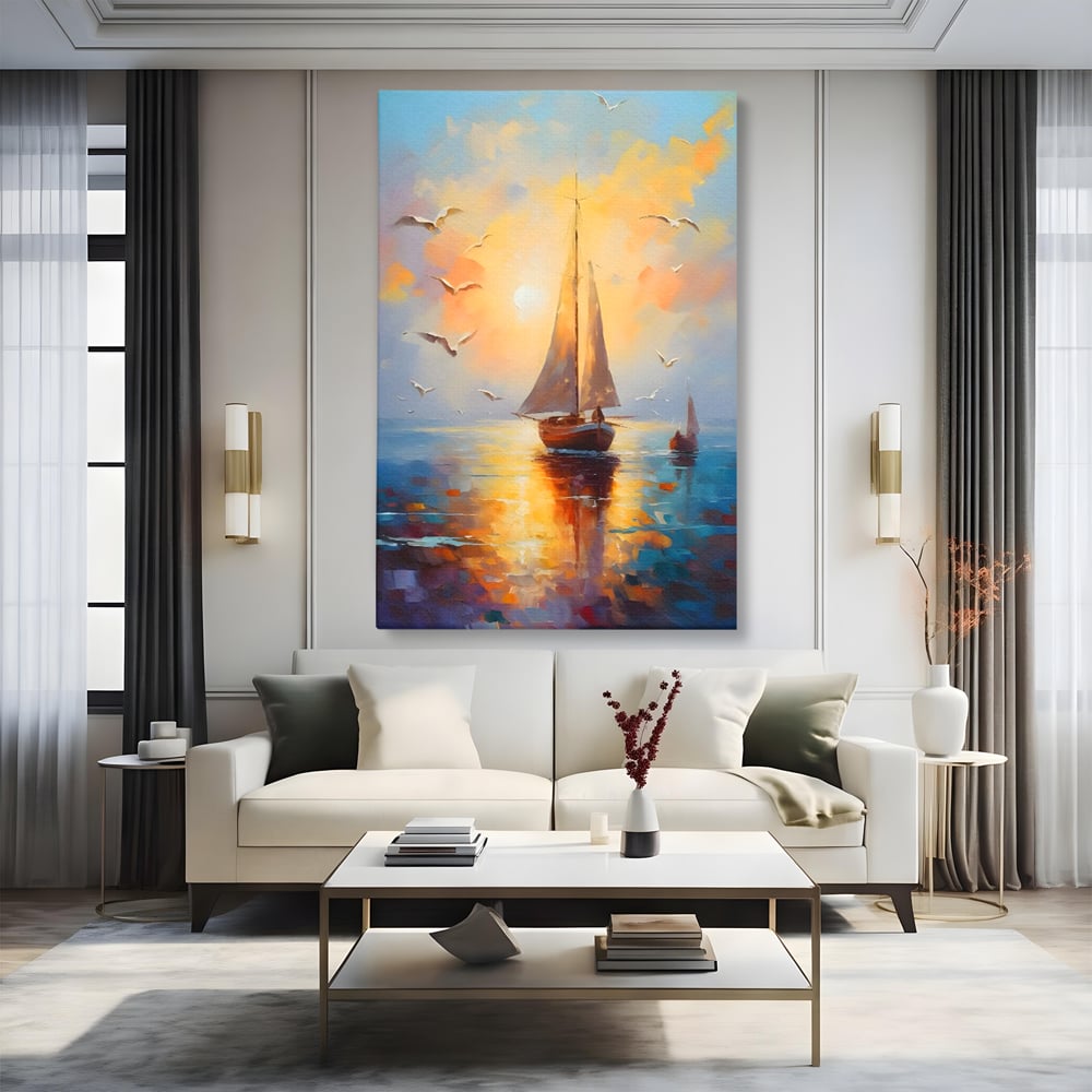 Tablou Canvas Premium, LuxCanva® C1157, Sailing Morning, Culori, Nature, Seaguls, Sea, Living Room, Relaxare, Culori Vibrante