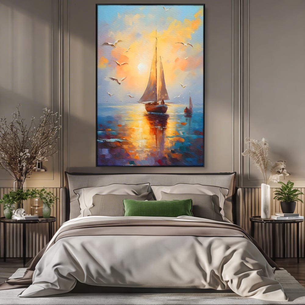 Tablou Canvas Premium, LuxCanva® C1157, Sailing Morning, Culori, Nature, Seaguls, Sea, Living Room, Relaxare, Culori Vibrante