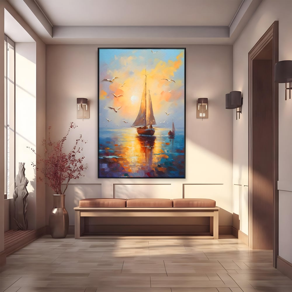 Tablou Canvas Premium, LuxCanva® C1157, Sailing Morning, Culori, Nature, Seaguls, Sea, Living Room, Relaxare, Culori Vibrante
