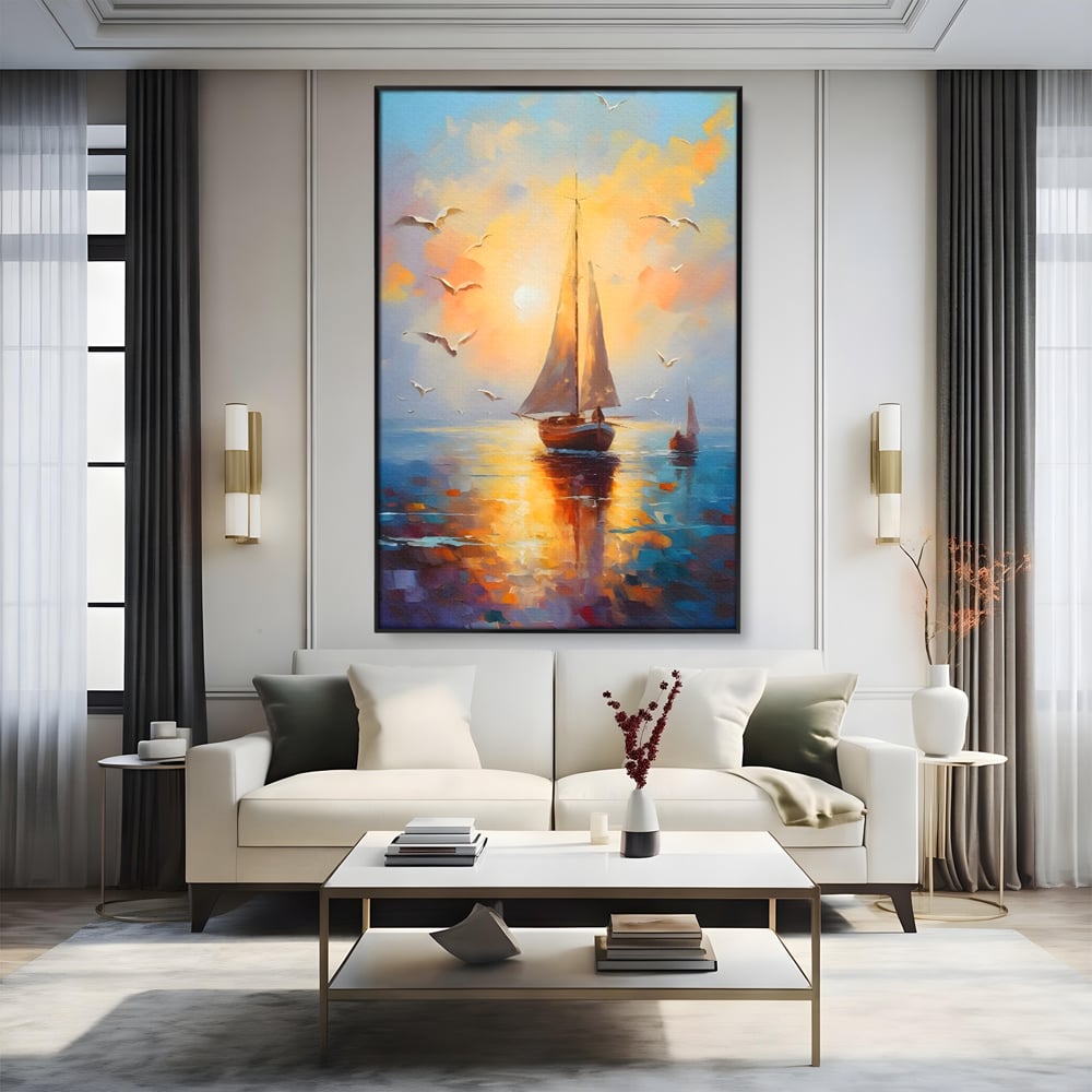 Tablou Canvas Premium, LuxCanva® C1157, Sailing Morning, Culori, Nature, Seaguls, Sea, Living Room, Relaxare, Culori Vibrante