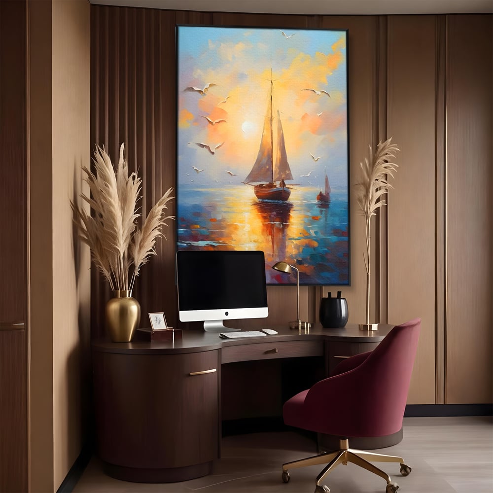 Tablou Canvas Premium, LuxCanva® C1157, Sailing Morning, Culori, Nature, Seaguls, Sea, Living Room, Relaxare, Culori Vibrante