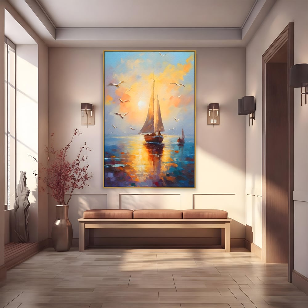 Tablou Canvas Premium, LuxCanva® C1157, Sailing Morning, Culori, Nature, Seaguls, Sea, Living Room, Relaxare, Culori Vibrante