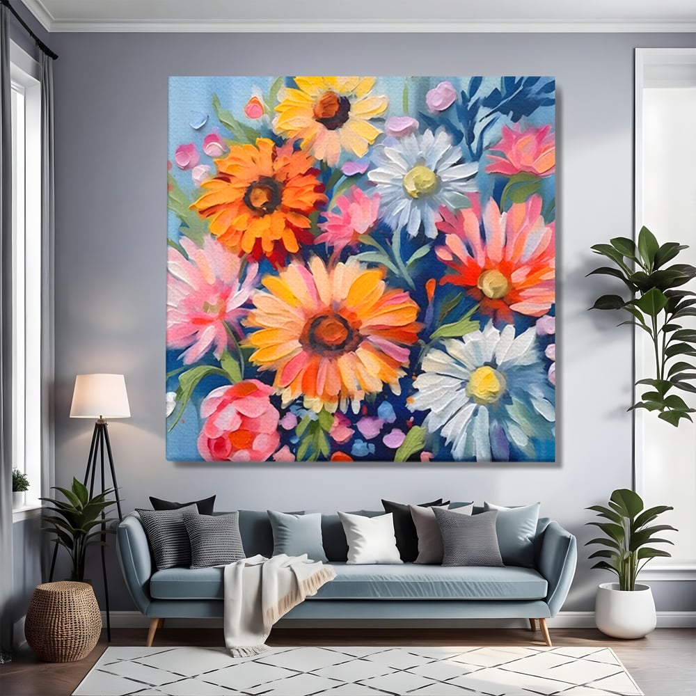 Tablou Canvas Premium LuxCanva® C1161, Buchet De Fori Viu Colorat , Plante, Multicolor, Living Room, Culori Vibrante